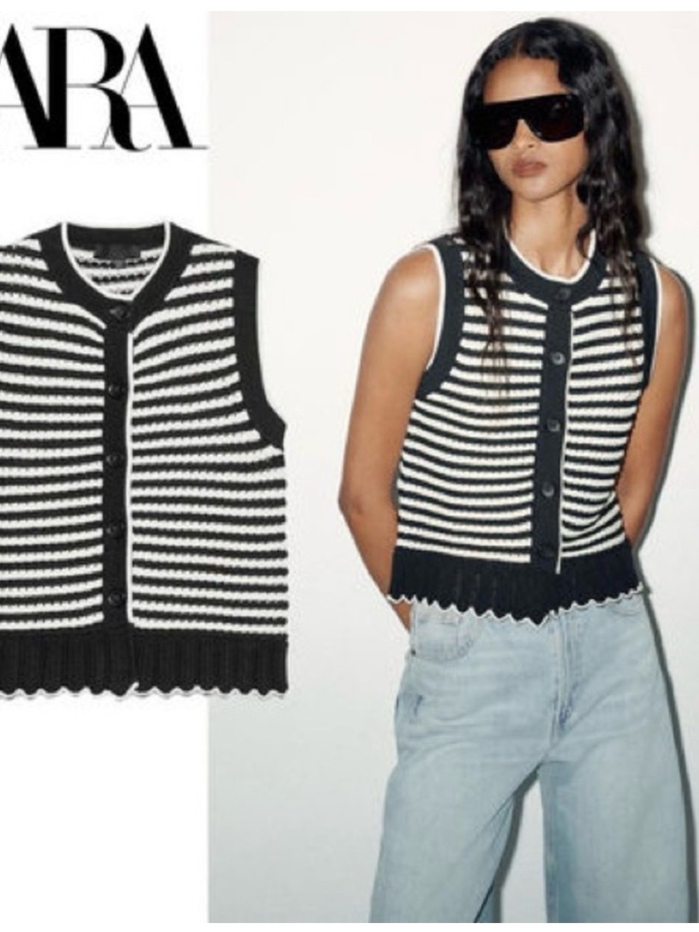 Zara Black and White Striped Sleeveless Knit Cardigan Vest